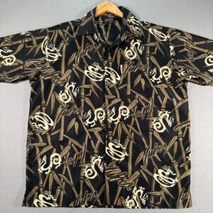 Vintage Fubu Button Up Shirt Mens Large Black Dragon AOP Comfort Streetwear‎ 90s